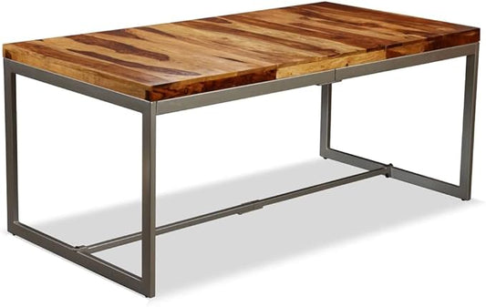 Solid Sheesham Wood Dining Table Brown Rectangular with Powder-Coated Steel Modern Industrial Style for Dining Room Kitchen Furniture Seating 6 People Dimensions 70.9x35.4x29.9 in
