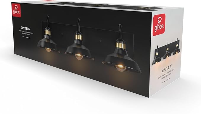 Globe Electric 63000199 24" 3-Light Vanity Light, Matte Black, Brass Accents, Exposed Bulb, Bathroom/Makeup Mirror, Wall Light