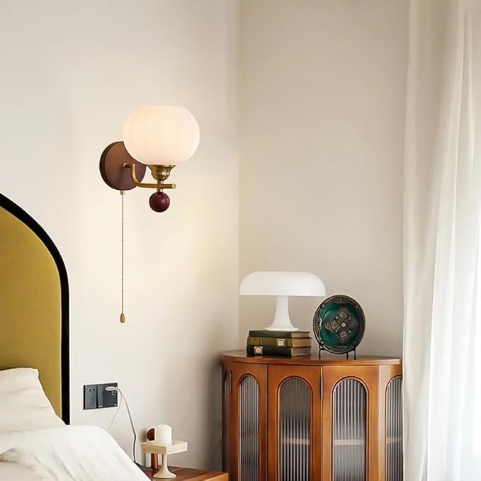 Solid Wood Wall Light Retro Wall Sconce with Pull Chain Switch, Bathroom Vanity Light Fixture, Glass Shade Wall Lamps for Living Roon Halklway Bedroom, E27 Haedwired