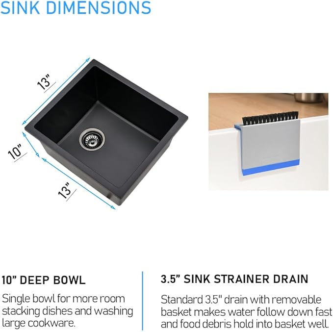 Black Undermount Bar Sink, 13 x 13 Inch Granite Composite Quartz Small Kitchen Sink Wet Bar Single Bowl Deep Basin with Countertop Squeegee Brush Combo