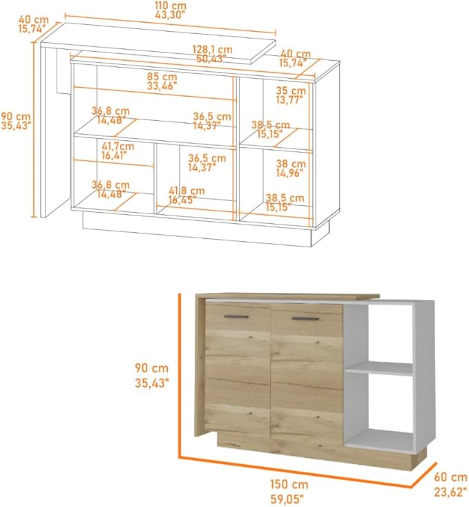 GOWE Crescent 7-Shelf 4-Door 2-Piece Kitchen Set, Kitchen Island and Pantry White and Light Oak