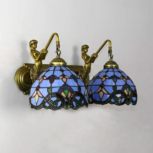 Wall Sconce Lighting with Mermaid 2-Light Antique Wall Light Fixture Stained Glass Bowl Shade Bronze Finish Retro Vintage Wall Lamp for Bedroom Hallway Stairway Balcony Bathroom (Blue)