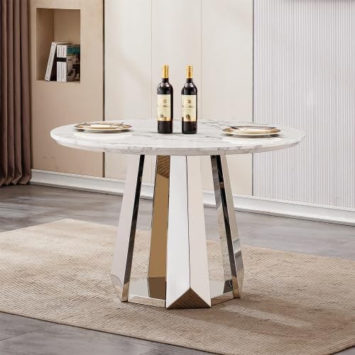 47" Round Marble Dining Table for 4-6, Luxury Modern Kitchen Table with Marble Grain MDF tabletop & Silver Mirrored Stainless Steel Pedestal Base, White Stone Dinner Table for Dining Room (Table Only)