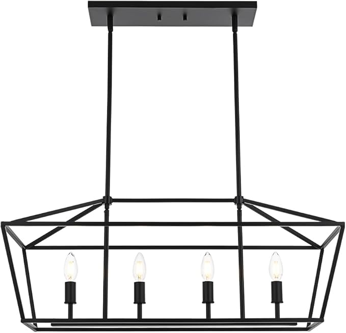 BONLICHT 4 Light Kitchen Island Linear Pendant Lighting Industrial Large Black Farmhouse Chandelier Modern Rectangle Dining Room Light Fixtures Hanging Ceiling Over Table,E12 Base