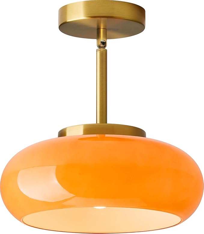 Glass Pendant Lights Kitchen Iisland,Gold Modern Ceiling Lamp with Orange Glass Shade Adjustable Mid Century Hanging Light Fixtures for Schoolhouse, Dining Room, Living Room,Sink