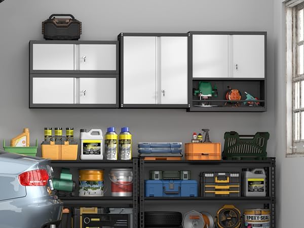Metal Wall Mounted Garage Cabinets, Heavy Duty Steel Locking Cabinet with Doors & 2 Keys, Garage Storage Cabinet with Adjustable Floating Shelf for Shop, Utility Room, Office, Black & Grey