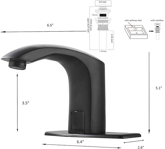Automatic Bathroom Faucet Black Touchless Motion Activated Bath Tub Lavatory Basin Sink Vanity Aerator One Hole Brass Mixer Tap Pop Up Drain with Overflow Include