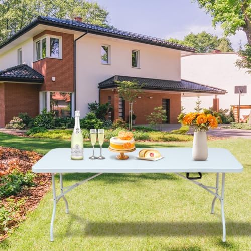 GlowSol Folding Table 6FT, Heavy Duty Portable Plastic Folding Table with Handle, Anti-Slip Feet, Waterproof, Easy to Clean, 300LBS Capacity, Foldable for Indoor Outdoor Use, White