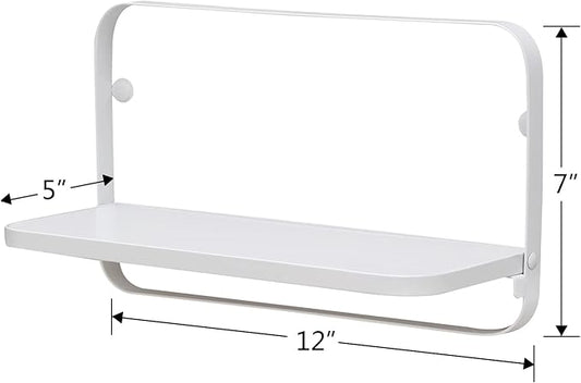 WELLAND White Floating Shelves Set of 2, Small Fold Down Wall Shelf Folding Display Wall Shelves for RV, Camper, Loft, Bedside | White Wooden Board & Metal Frame | 12" W x 5" D x 7" H