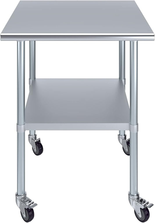 Stainless Steel Work Table with Wheels | NSF Kitchen Island Food Prep | Laundry Garage Utility Bench (Table + Wheels, 30" Long x 30" Deep)