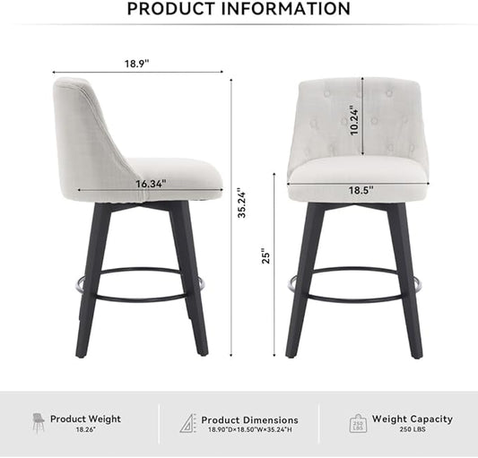 Swivel Counter Chairs, Modern Linen Fabric with Button-Tufted Backrest, Stylish Bar Stools, Set of 2 for Bar, Kitchen Island, Dining Room, White (White + Linen + Foam)