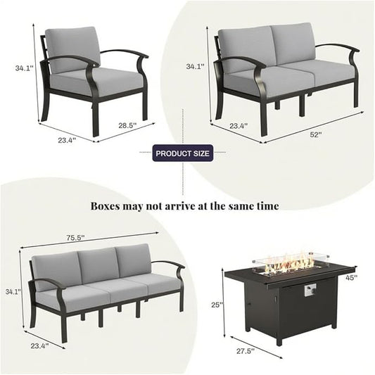 Metal Outdoor Patio Furniture Set for 7,Aluminum Patio Sectional Set w/Propane Fire Pit Table,Outside Furniture w/Removable Sponge Cushion for Porch, Balcony, Yard,Gray