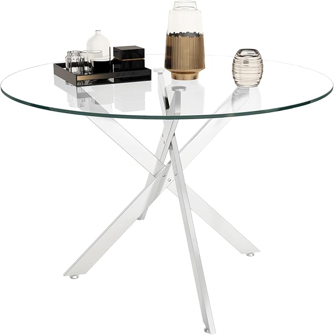 Round Dining Table, 47 Inch Glass Kitchen Table for 4-6 People, Tempered Glass Dinner Room Table with Silver X Metal Legs, Modern Circle Coffee Table for Home Dining Room Kitchen Restaurant