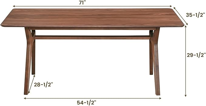 CONSDAN Dining Table for 4-8, Table Only, 71x35 Extra Large, Rectangular Shape, Walnut Veneer Top, Solid Wood Frame, Softly Curved Edges, Elegant Look