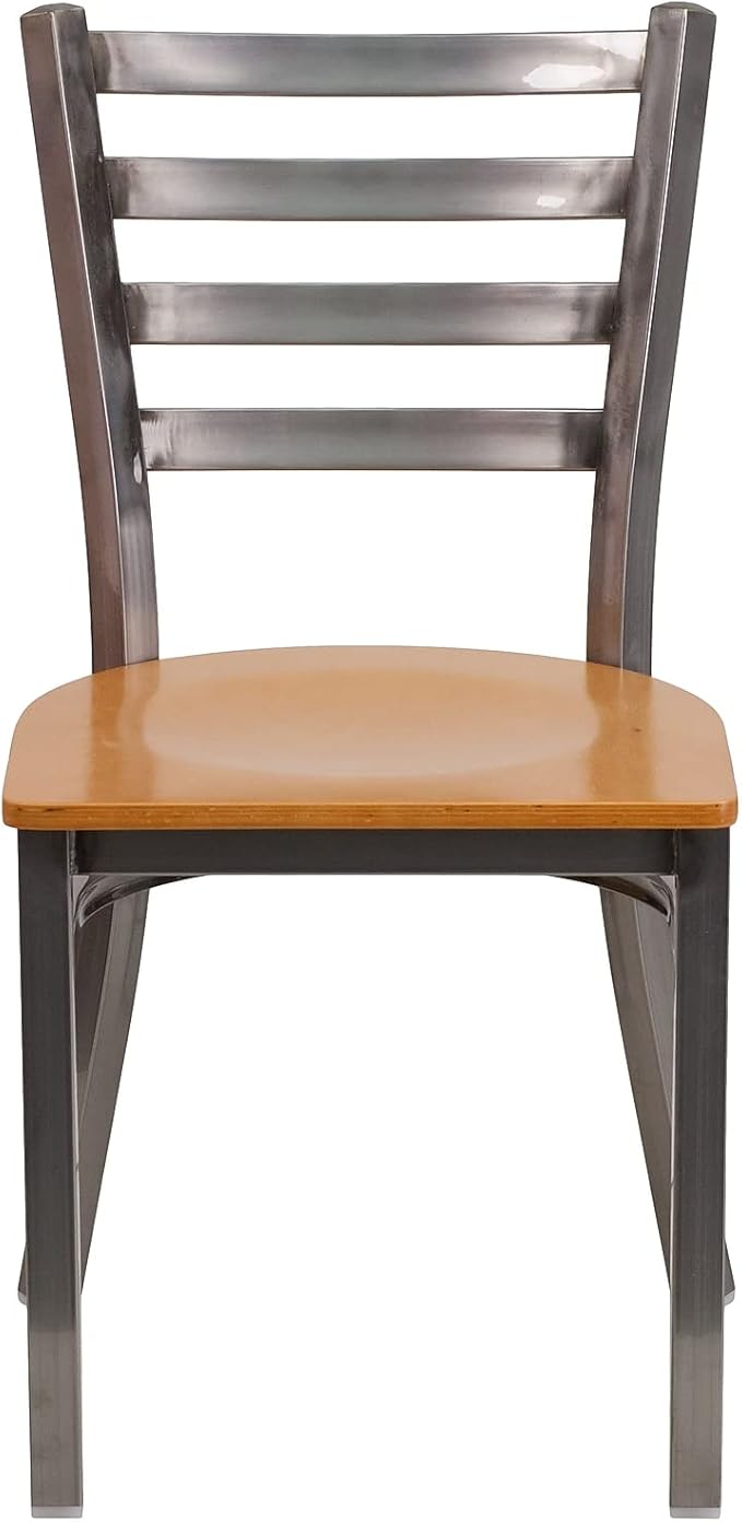 Flash Furniture 2 Pack HERCULES Series Clear Coated Ladder Back Metal Restaurant Chair - Natural Wood Seat