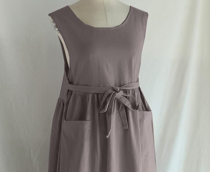 Women Plus Size Cotton Linen Vintage Pleated Split Apron Pinafore Dress with Two Pockets