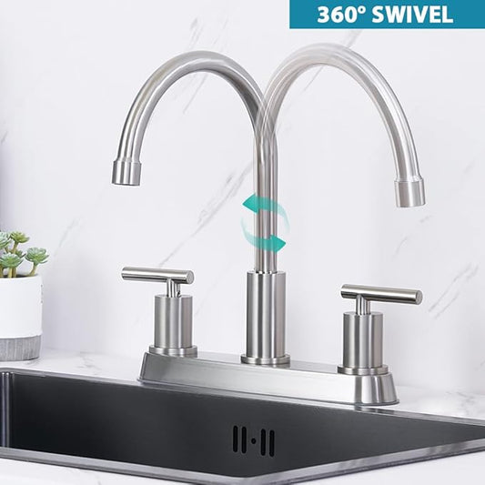 3 Hole Kitchen Faucet, Brushed Nickel Two Handles Kitchen Faucet, RV Kitchen Sink Faucet, 3 Hole or 4 Holel Faucet for Kitchen Sink TDLKF024W-L