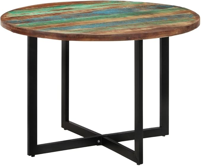 Round Multicolor Reclaimed Wood Dining Table 43.3 in, Powder-Coated Finish, Seats 4, Space-Saving Kitchen & Dining Room Furniture for Modern Homes