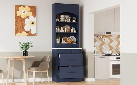 Modern 83.7inch High Kitchen Pantry Freestanding Tall Hutch with Faux Marble Top Display Cupboard with 5 Storage Drawers Practical(Blue)