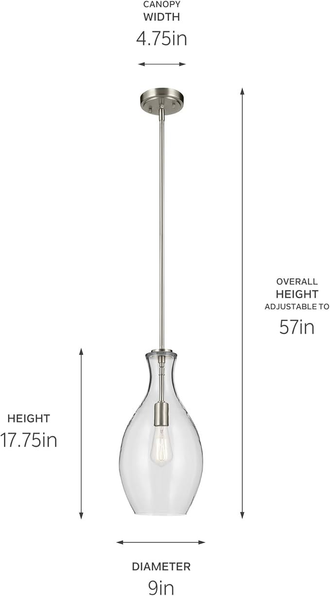 Everly 17.75" 1-Light Bell Pendant with Clear Glass in Brushed Nickel, for a Kitchen Island, Dining Nook, or Home Bar, (17.75" x 8.75") 42047NI