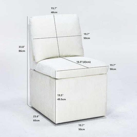 Set of 2 Linen Upholstered Armless Dining Chair with Casters and Storage Space, Modern Dining Room Chairs with Wheels for Dining Room Kitchen Bedroom Reading Room Living Room, Ivory
