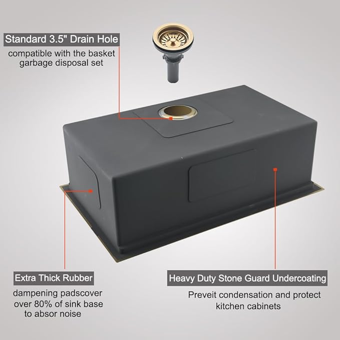 30 Inch Undermount Gold Kitchen Sink, Workstation 16 Gauge Stainless Steel Single Bowl Undermount Deep Kitchen Sink Basin