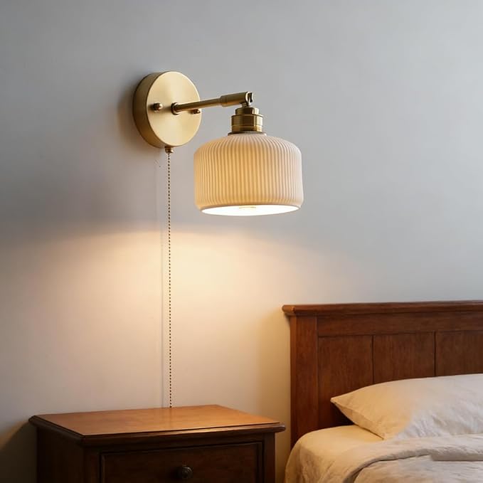 Pull Chain Wall Sconce Ceramic Light Fixture Vintage Wall Sconces with Pull Chain Switch Brushed Gold Brass Sconce Lights Fixtures Retro White Striped Ceramic Sconce for Kitchen Sink