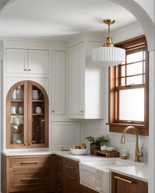 Vintage Brass Milk Glass Pendant Light Fixture, Mid‑Century Modern Chandelier, Antique Schoolhouse Pendant Lights for Kitchen Island, Dining Room, Entryway, Hallway, E26 Base