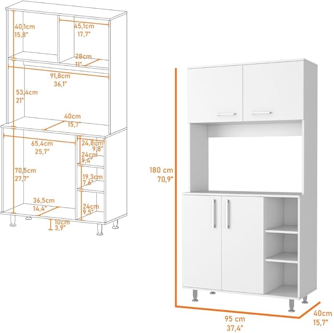 7 Shelf 4 Door 2 Kitchen Set, Kitchen Island and Cabinet White and Walnut QP267