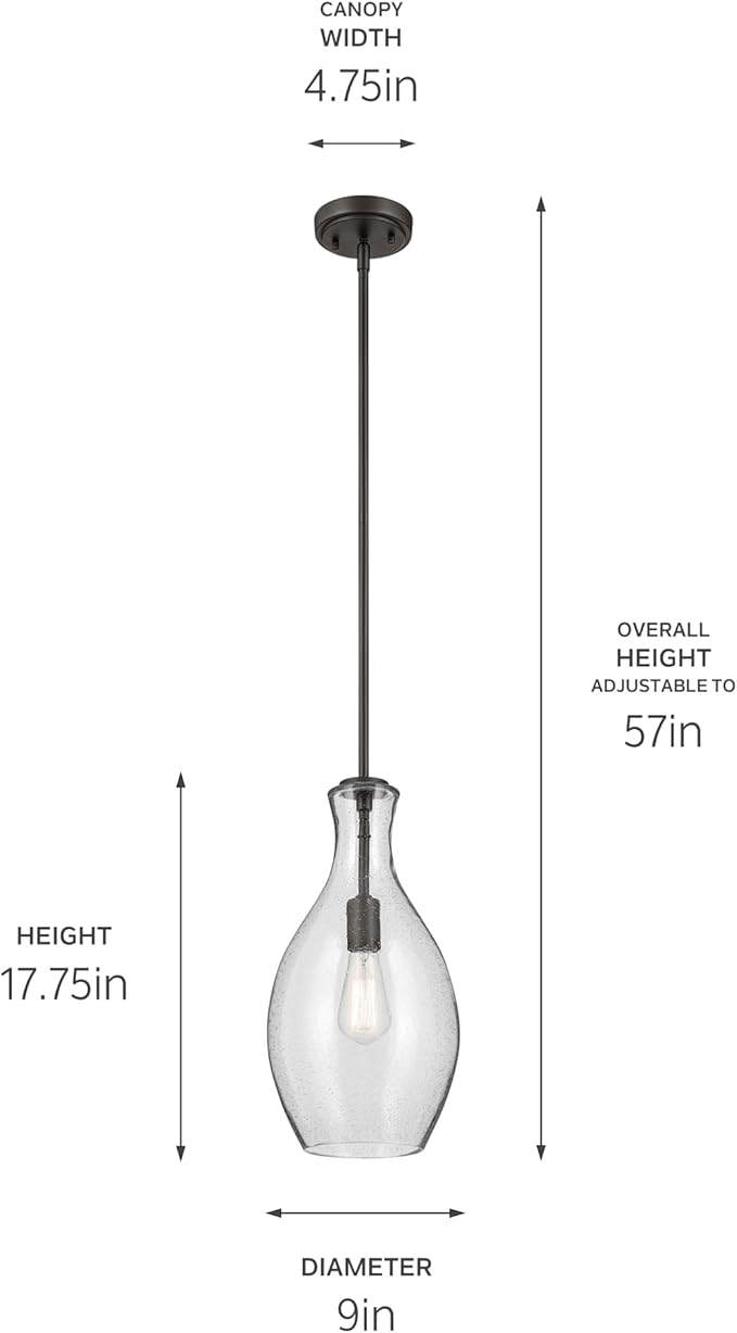 Everly 17.75" 1-Light Bell Pendant with Clear Seeded Glass in Olde Bronze, for a Kitchen Island, Dining Nook, or Home Bar, (17.75" x 8.75") 42047OZCS