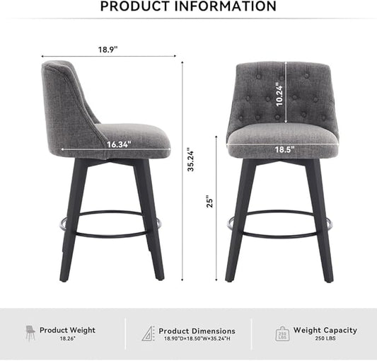 Swivel Counter Chairs, Modern Linen Fabric with Button-Tufted Backrest, Stylish Bar Stools, Set of 2 for Bar, Kitchen Island, Dining Room, White (Dark Gray + Linen + Foam)