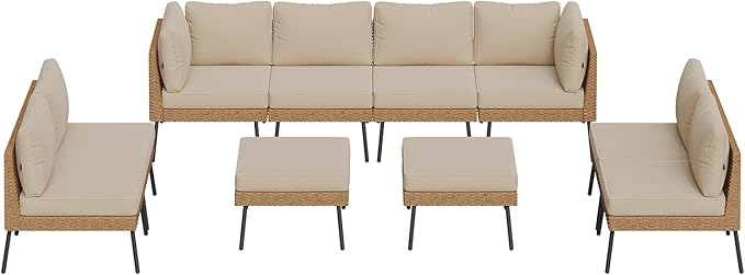 Aoxun 10 Piece Patio Furniture Set, 10 Seats Outdoor Sectional Sofas with Thick Cushion, Wicker Outdoor Patio Furniture Set with Ottomans for Party, Garden, Backyard, Beige