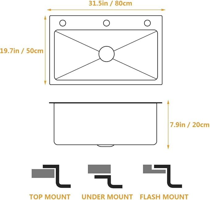 ARTLINE 16 Gauge Black Kitchen Sink, 3 Hole Stainless Steel Kitchen Sink, Drop In/Topmount Single Bowl Workstation Sink, Farmhouse Workstation sink with Multiple Accessories (31.5 x 19.7in)