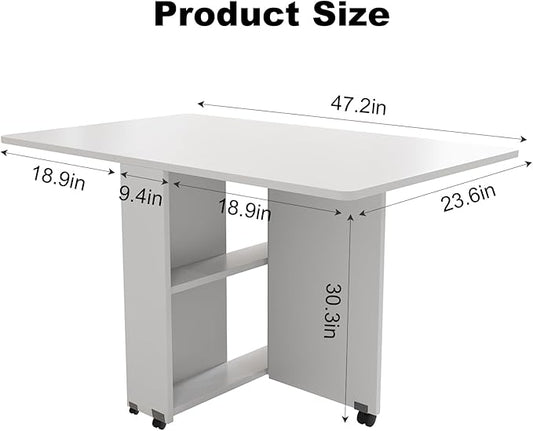 Folding Drop Leaf Dining Table with Wheels – Space-Saving Kitchen Table with 2-Layer Storage, Multi-Functional Table for Dining, Office, or Kitchen Island