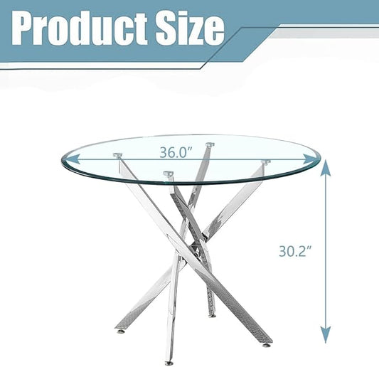 Glass Dining Table,36'' Round Dining Kitchen Table,Modern X-Design Dining Room Table with Silver Stainless Steel Base for Dining Room