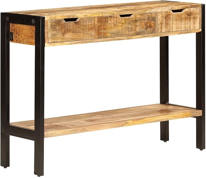 Brown Solid Mango Wood Sideboard, 43.3" Living Room Buffet Cabinet with 3 Drawers, Polished Finish, Powder-Coated Steel Frame, Vintage Console Table Furniture Kitchen Furnitur