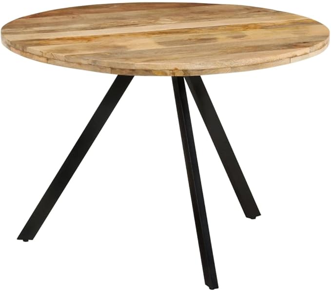 Vintage Round Dining Table, Solid Mango Wood, Powder-Coated Steel Frame, 43.3-inch Brown Kitchen Dinner Table for 4 People, Dining Room Furniture