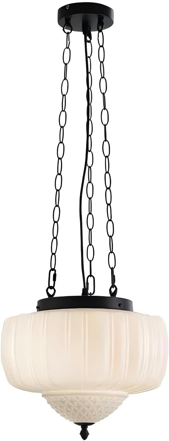 LIGHTLAND Milk Glass Pendant Light, 13 Inch Mid Century Semi Flush Mount Ceiling Light Fixture with 39.4 Inch Adjustable Chain, Vintage Chandelier for Bedroom, Living Room, Dining Room, Hallway