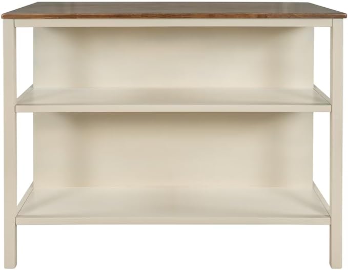 JIJIWANG Solid Wood Rustic 45" Stationary Kitchen Island, Rubber Wood Butcher Block Dining Table Prep Table with 2 Open Shelves for Small Places,Walnut+Cream White