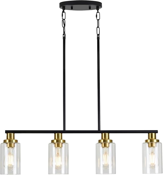Island Lights for Kitchen, 4-Light Farmhouse Dining Room Light Fixtures Over Table, Matte Black and Gold Linear Chandeliers for Dining Room,Industrial Pendant Lighting with Clear Glass Shade