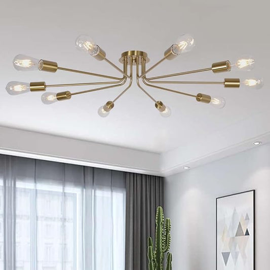 Kitchen Lighting Fixture Industrial Flush Mount Ceiling Light Mid Century 10 Light Sputnik Chandelier for Kitchen Dining Room Small Bedroom Living Room Brass Painted Metal Ceiling Lighting