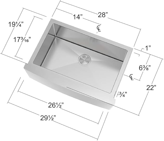 Transolid DUSSF302210 Diamond Apron-Front Single Bowl 16-Gauge Stainless Steel Kitchen Sink, 30-in x 22-in x 10-in, Brushed Finish