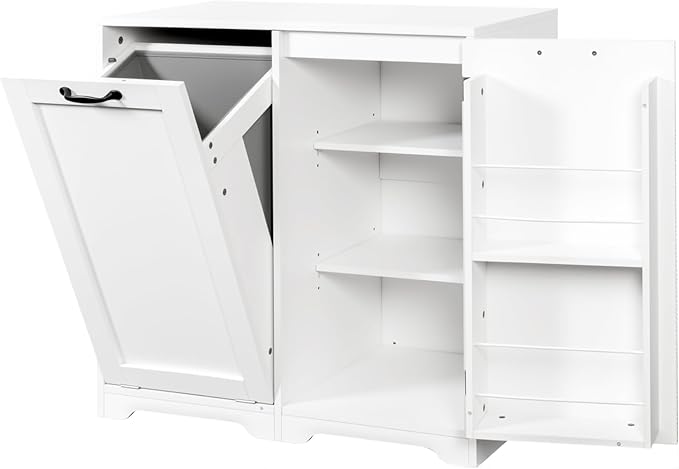 KEIKI Laundry Cabinet with Doors and shelf, Tilt-Out Laundry Hamper, Freestanding Style, Adjustable Shelf, Accent Table for Bathrooms Laundry Room Kitchen, White, (Style D)