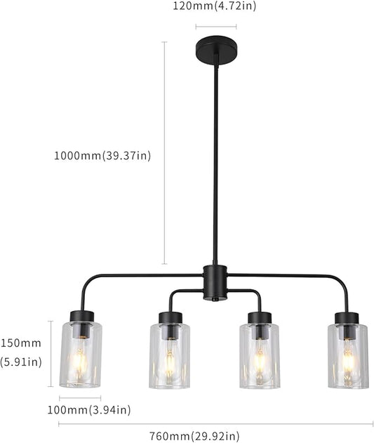 Black Pendant Light Fixtures with Clear Glass Shades, 4-Lights Linar Kitchen Island Light for Farmhouse Dining Room Kitchen Pool Table