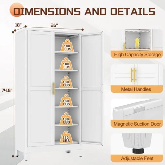 PAOFIN 75" Metal Kitchen Pantry Cabinet,White Storage Cabinet with Doors and 5 Adjustable Shelves, Cabinet with 2 Metal Handles,Tall Cabinet for Livingroom,Pantry, Bathroom,Kitchen