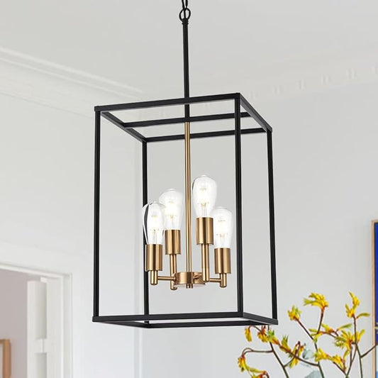 VINLUZ Retro 4 Light Large Farmhouse Chandelier Rustic Dining Room Lighting Fixtures Hanging in Black and Brushed Brass Finish Metal Square Cage Pendant Lighting for Kitchen Island