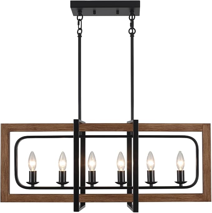 Farmhouse Kitchen Island Lighting, 6-Light Dining Room Light Fixtures Over Table Rustic Wood Pendant Lights Adjustable Chandelier for Kitchen Dining Room