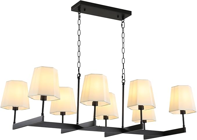 Farmhouse Chandeliers, 8-Light Black Chandeliers for Dining Room with White Fabric Shade, Adjustable Hanging Pendant Lighting for Kitchen Island Living Room