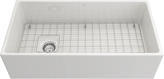BOCCHI Contempo Apron Front Fireclay 36 in. Single Bowl Kitchen Sink in White with Stainless Steel Faucet