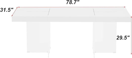 Hitow Kitchen Dining Room Table for 6-8, Modern Style Rectangular Dining Table with Glass Frame, Large Wood Dinner Table for Dining Room, Living Room & Office, White, 78.7" x 31.5"
